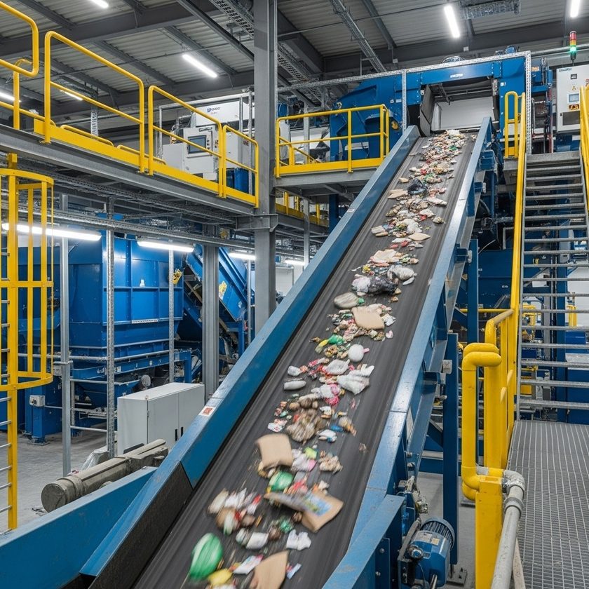 Förderband, das Materialien in einer Recyclinganlage transportiert