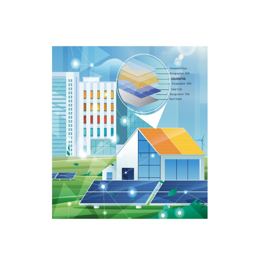 Grafik zum Photovoltaik Projekt COLOUR2FOIL, Gebäude mit bunten PV-Modulen